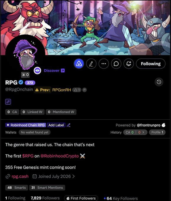 Twitter/X profile for "RPG" (@RpgOnchain), tagged as the first $RPG on RobinhoodCrypto, with a banner featuring fantasy characters.