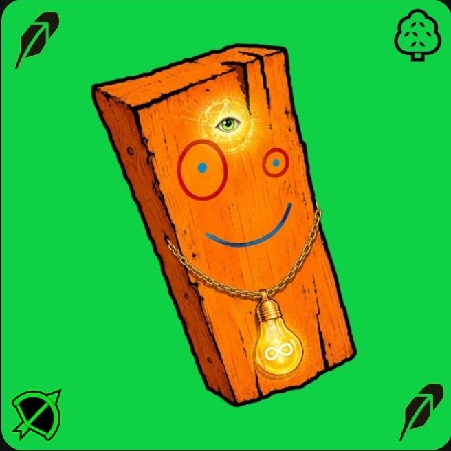An illustration of a smiling wooden plank character with a third eye and a lightbulb necklace containing an infinity symbol, set against a green background with eco-friendly icons.