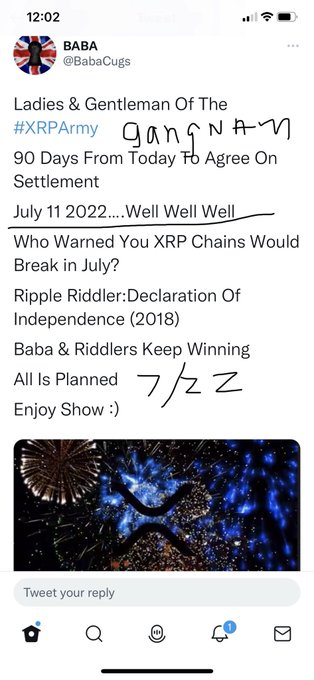 Tweet from @BabaCugs referencing '#XRPArmy' and '90 Days From Today To Agree On Settlement' dated July 11 2022, discussing XRP chains and Ripple riddler predictions, with fireworks image.