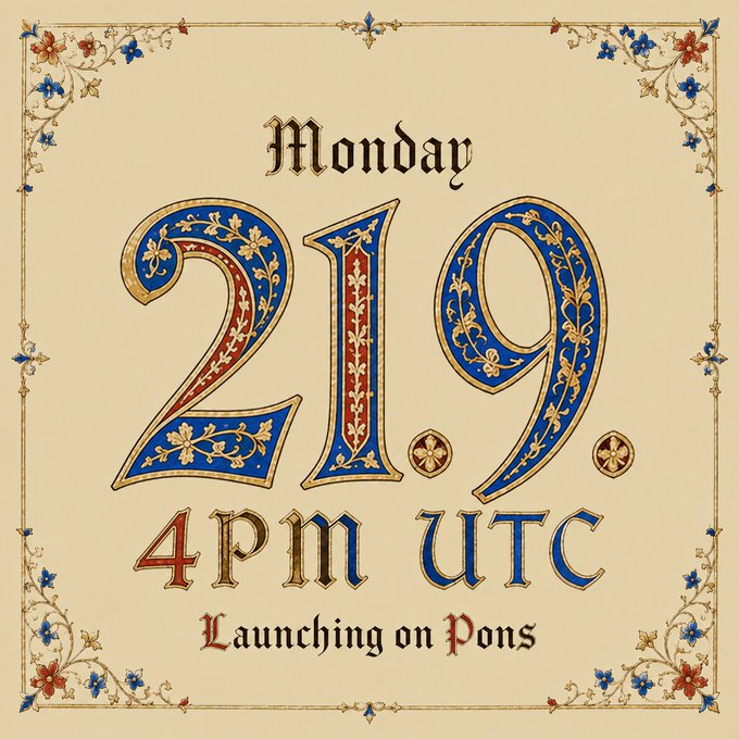 A medieval-illuminated style poster displays "Monday 21.9" and "4PM UTC" in ornate blue and red Gothic lettering with gold vine flourishes, along with the phrase "Launching on Pons," all framed by floral corner decorations and small coin motifs, serving as a decorative countdown-style announcement for the $ONECOIN launch event.