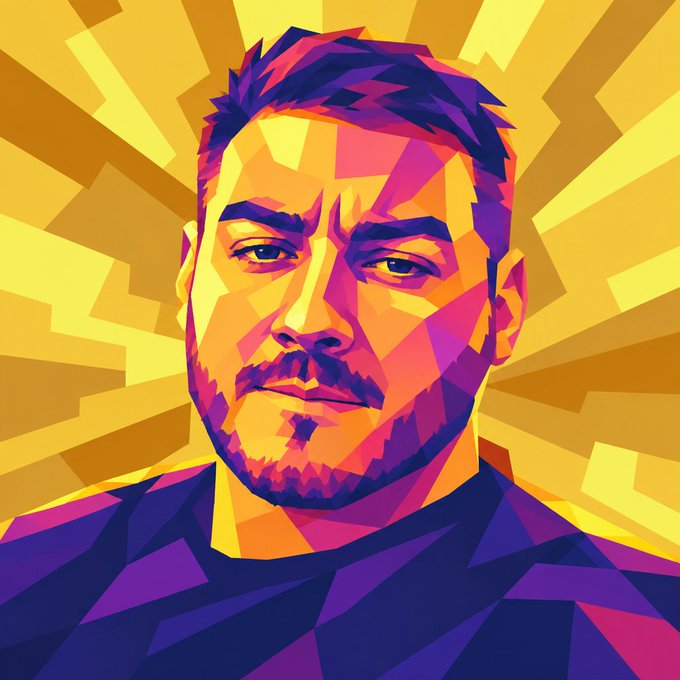 A stylized geometric portrait illustration of a bearded man rendered in vibrant pink, purple, and yellow tones against a radiating yellow background.