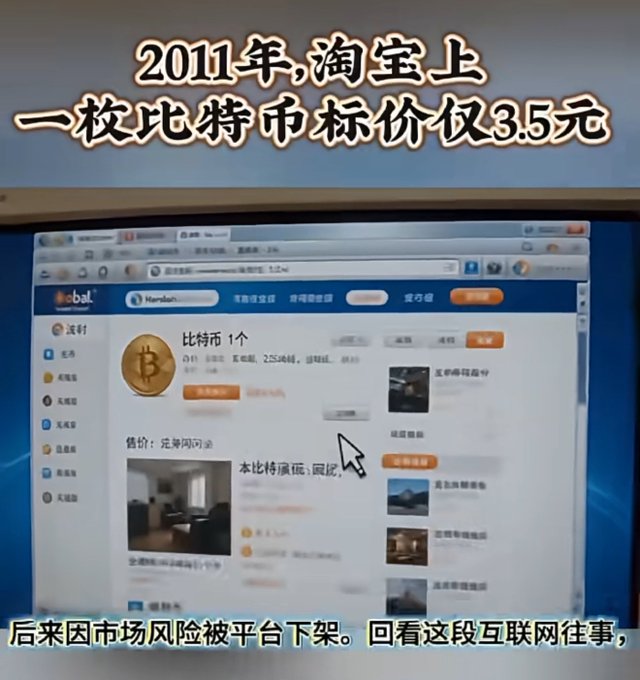 A screenshot of a Taobao product listing for Bitcoin priced at 3.5 yuan, with Chinese text stating '2011年,淘宝上一枚比特币标价仅3.5元' and a note that it was later removed due to market risks.