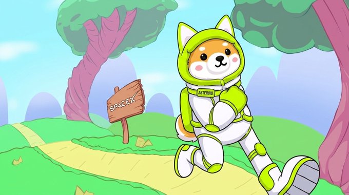A cartoon Shiba Inu dog in a green and white spacesuit with "ASTEROID" on its chest walks down a path past a wooden sign reading "SpaceX," playing on the space-themed branding of the $ASTEROID token as it ventures toward its destination.