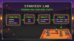 A pixel-art game menu titled 'STRATEGY LAB - PROGRAM HOW YOUR HERO FIGHTS' displays four difficulty stat bars: TARGETING, FOCUS, AGILITY, and RULES, with selectable options like 'Target nearest' and 'lowest HP' and 'if over 50% -> heal'.