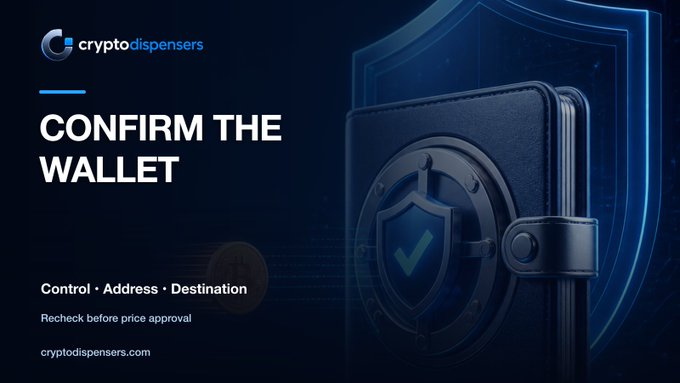 A promotional graphic for 'cryptodispensers' featuring a 3D vault illustration with the text 'CONFIRM THE WALLET' and instructions to 'Recheck before price appraisal,' emphasizing 'Control · Address · Destination.'