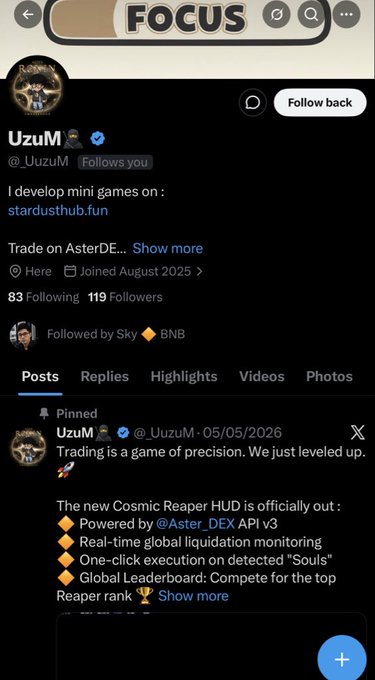 The image shows a Twitter/X profile for "UzuM" (@_Uuzum), a developer who creates mini games on stardusthub.fun, with a pinned post announcing the "Cosmic Reaper HUD" powered by @Aster_DEX API v3 featuring real-time liquidation monitoring and global leaderboards. The profile displays "Trade on AsterDE..." in the bio, directly tying to the accompanying caption mocking the user's choice of trading on Aster.