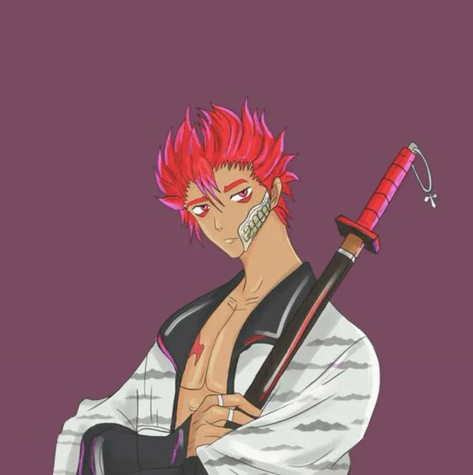 An anime-style illustration of a character with red spiky hair and a face scar, wearing an open white kimono and holding a sword with a red handle.