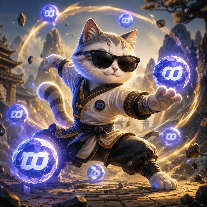 A stylized digital illustration of a cat wearing sunglasses and martial arts attire, wielding glowing blue orbs with a symbol on them in a dynamic fighting pose against a mountain backdrop.