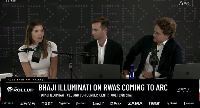A live podcast panel from 'LIVE FROM ARC MAINNET' featuring Bhaji Illuminati, CEO and Co-Founder of Centrifuge, discussing RWAs coming to Arc.