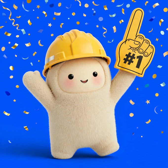 A 3D-rendered cute fluffy white character wearing a yellow construction helmet stands with arms raised against a blue confetti-filled background, holding up a foam '#1' finger.