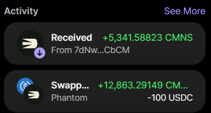 A wallet activity feed shows a recent transfer of +5,341.58823 CMNS tokens received from "7dNw...CbCM" and an earlier swap on Phantom involving +12,863.29149 CMNS tokens for -100 USDC, visually confirming the poster's $100 token purchase and subsequent distribution to voucher winners.