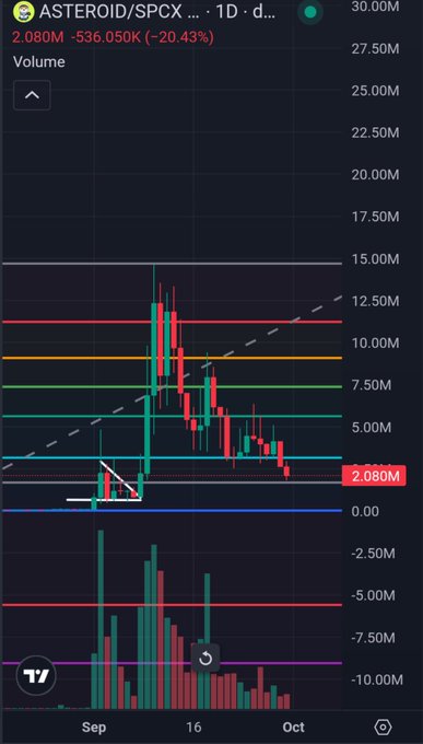A TradingView chart of the ASTEROID/SPCX ticker on the 1-day timeframe shows a dramatic price surge and reversal, currently trading at $2,080M (down 20.43%) after spiking to around $13M in mid-September. The volatile candlestick pattern with massive volume spikes visually reinforces the poster's claim of "absolutely insane price action" on the coin.