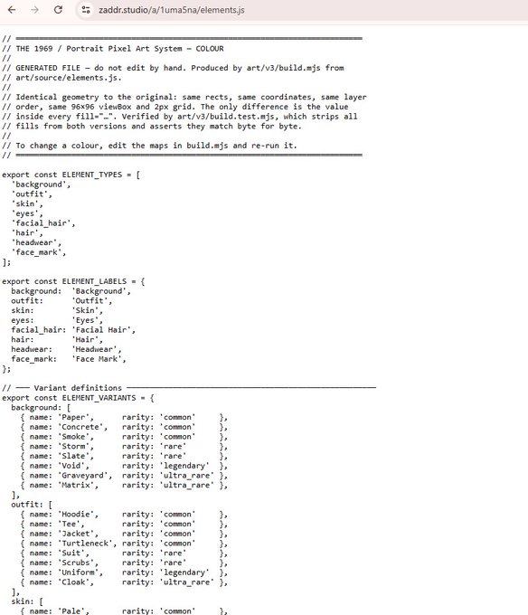 A code editor displaying JavaScript element definitions for 'The 1969 // Portrait Pixel Art System', listing element types like background, outfit, skin, eyes, and variant rarities.