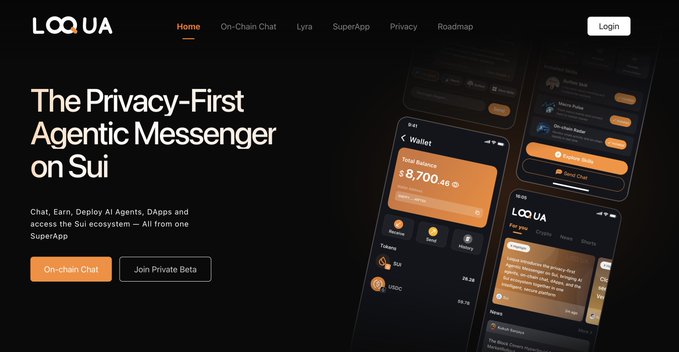 A website screenshot for LOOP UA, a privacy-first agentic messenger on Sui featuring on-chain chat, SuperApp, Lyra, and a wallet showing a total balance of $8,700.46.