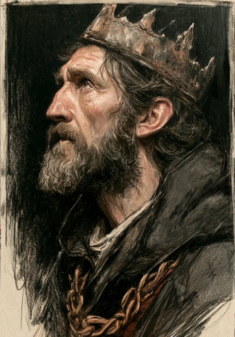A detailed charcoal-style portrait of a bearded king wearing a crown and a gold chain, looking upward.