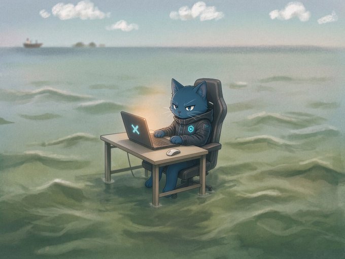 A digital illustration depicts a blue cat in a jacket sitting at a desk in an office chair in the middle of the ocean, working on a laptop with a ship on the horizon.