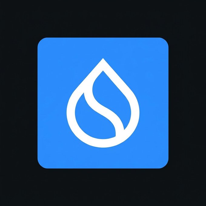 A logo for a brand or app featuring a stylized white water droplet design on a blue square background, set against a black background.