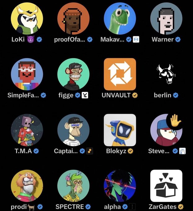 A grid of NFT profile pictures with usernames including LoKi, proofOfa..., Makav..., Warner, SimpleFa..., figge, UNVAULT, berlin, T.M.A, Captai..., Blokyz, Steve..., prodi, SPECTRE, alpha, and ZarGates.