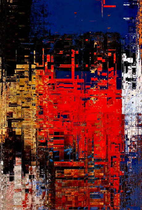 An abstract painting composed of fragmented geometric blocks in vibrant red, blue, gold, and black tones.
