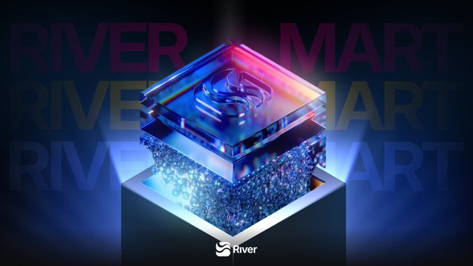 A luminous, glass-like cube filled with blue crystalline structures bears the River logo, set against a backdrop of large, glowing "RIVER MART" text.

The image visualizes the post's core message: like a sealed, pristine vault, most crypto assets sit idle on a single chain, missing out on potential yield. River's "MART" branding positions the protocol as a way to break open that stasis, transforming dormant BTC, ETH, BNB, and LSTs into active, multi-chain assets rather than letting them "lie there" losing value.