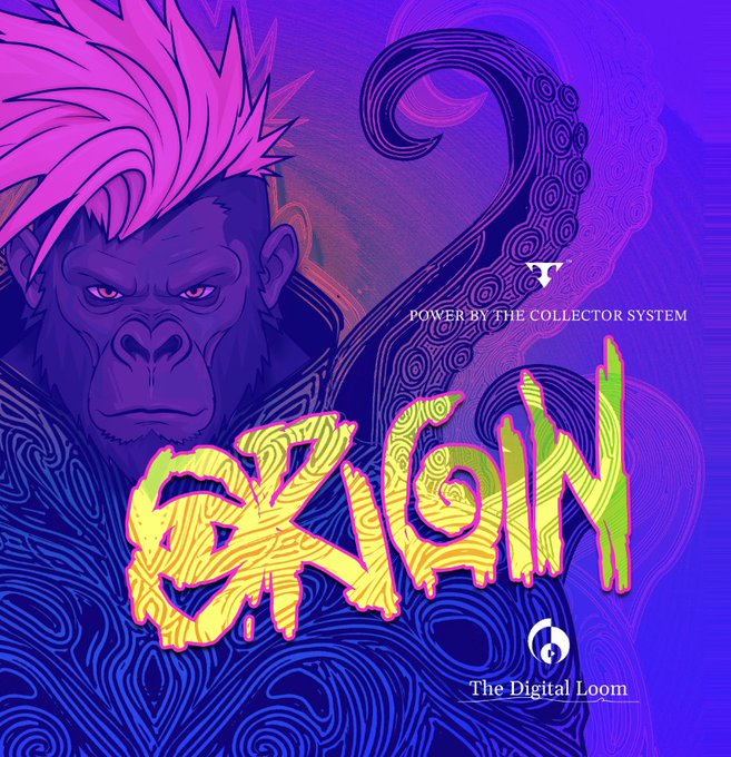 Vibrant purple and pink digital artwork of a gorilla with the word 'EXPLAIN' in stylized yellow-green text, credited to 'POWER BY THE COLLECTOR SYSTEM' and 'The Digital Loom'.