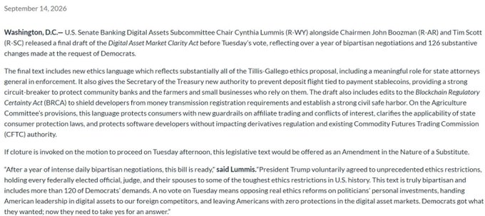 A news article dated September 14, 2026, about U.S. Senators Cynthia Lummis, John Boozman, and Tim Scott releasing the Digital Asset Market Clarity Act draft, discussing new ethics language, state attorney general enforcement, and bipartisan negotiations.