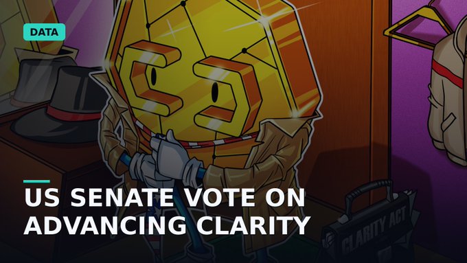 An illustrated character wearing a gold polygonal mask holds a microphone, with the text 'DATA: US SENATE VOTE ON ADVANCING CLARITY' and a briefcase labeled 'CLARITY ACT'.