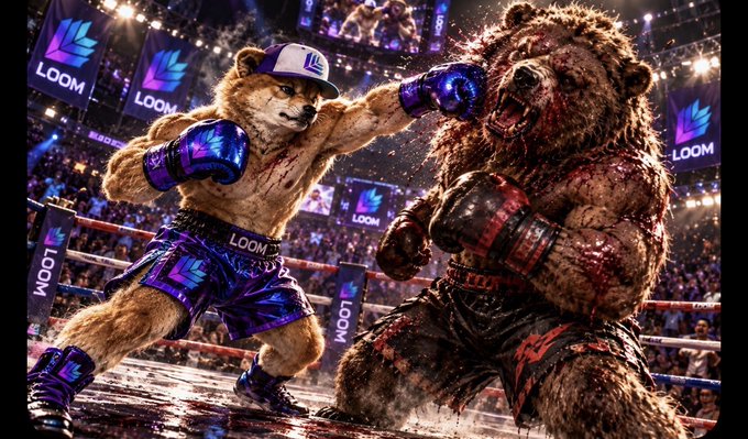 A vibrant AI-generated image depicts a boxing match in a stadium between an anthropomorphic bear wearing blue shorts and a cap, and a bloodied grizzly bear in red shorts, with 'LOOM' logos displayed throughout the arena.
