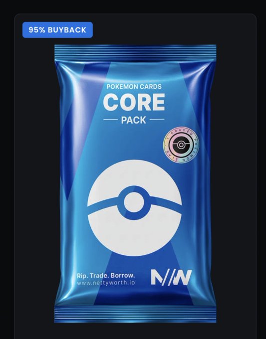 A blue Pokemon cards 'CORE PACK' featuring a Pokeball logo, with '95% BUYBACK' tag, holographic authentication sticker, and branding for 'nettyworth.io' at the bottom.