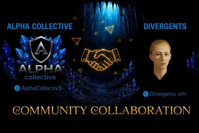 The image showcases a "Community Collaboration" announcement between Alpha Collective (AlphaCollectiv3) and Divergents (Divergents_eth), featuring their respective logos and a handshake emblem set against a glowing blue cave backdrop, aligning with the post's announcement of their partnership and upcoming Discord raffle.