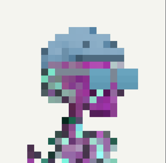 A pixel art character with a blue head, purple hair, and teal skin tones depicted in a blocky, low-resolution style against a white background.