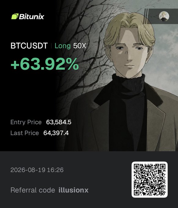 A Bitunix trading advertisement shows a profitable BTCUSDT long position with 50X leverage, displaying a +63.92% gain (entry at 63,584.5, last price 64,397.4), timestamped 2026-08-19 16:26, with referral code "illusionx" and a QR code for sign-up. The post promotes joining Bitunix using the referral link to replicate the BTC long trades shown in the graphic.