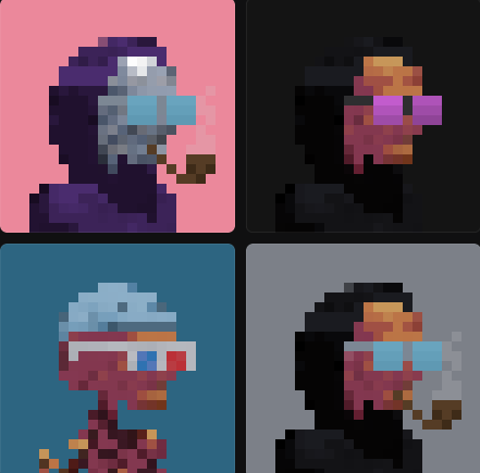 Four pixel-art portraits of figures with sunglasses and smoking pipes against pink, black, blue, and gray backgrounds.