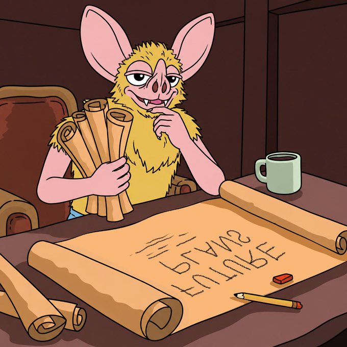 A bat-like humanoid character sits at a desk holding rolled scrolls, contemplating a large scroll unfurled before them that reads "BAUSTART 2411" alongside a pencil, eraser, and coffee mug—evoking the scheming planning phase behind the post's casual declaration that a "hoodrat keeps building."