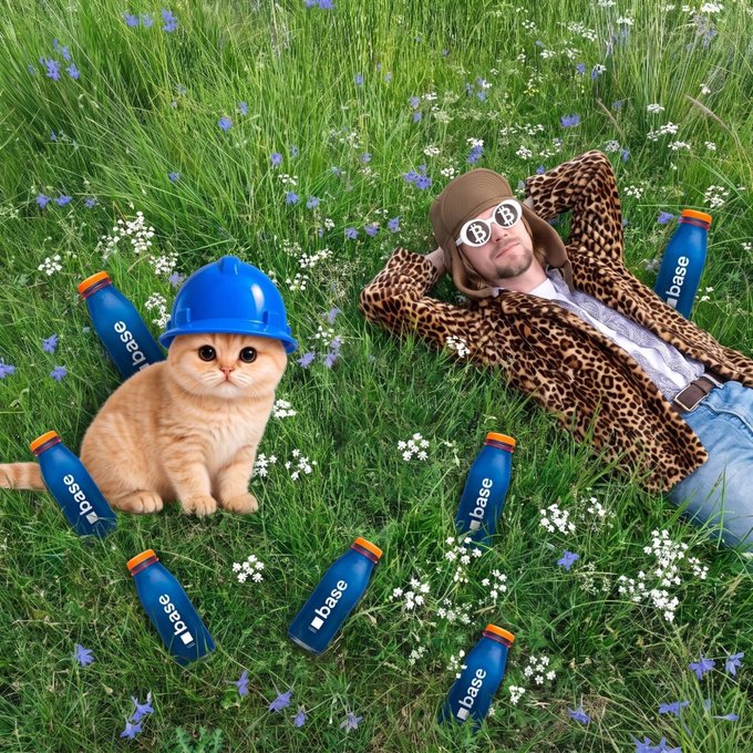 A man in a leopard print coat, Bitcoin sunglasses, and a trapper hat lounges in a flower-filled meadow next to a ginger cat wearing a blue hard hat, surrounded by blue "base" branded bottles, playfully illustrating the "Basecat" NFT collection celebrating its 2,000th mint milestone on OpenSea.