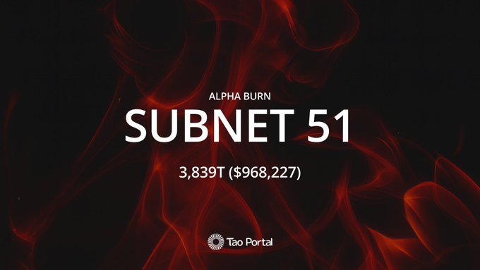 A dark red and black graphic announcing 'ALPHA BURN - SUBNET 51 - 3,839T ($968,227)' displayed above the 'Tao Portal' logo.