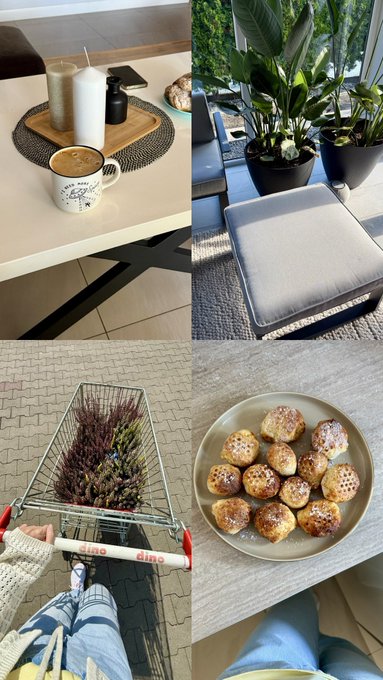 A four-panel photo collage showing a cup of coffee, potted plants, an outdoor footrest, a shopping cart full of lavender, and a plate of pastries.