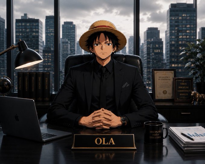 An anime-style character wearing a straw hat and black suit sits at a desk with a nameplate reading "OLA", featuring a city skyline visible through the window behind.