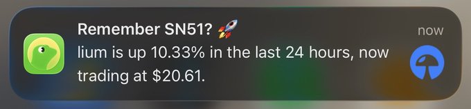 A notification on Robinhood about SN51 stock: 'lium is up 10.33% in the last 24 hours, now trading at $20.61.'