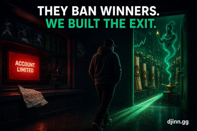 A dark, stylized promotional image with the text 'THEY BAN WINNERS. WE BUILT THE EXIT.' showing a hooded figure walking toward a glowing green doorway featuring a genie/djinn figure, with 'djinn.gg' in the corner and a red 'ACCOUNT LIMITED' sign on the left.