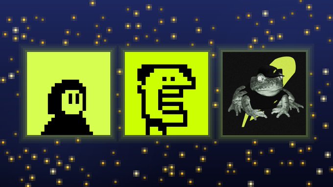 Three pixel-art style portraits are displayed in glowing yellow-green frames against a starry navy background: a hooded figure, a snake-like creature, and a frog wearing a cap. The image appears to be promotional artwork for an NFT minting event, with the pixel designs representing community profiles for the "ast" collection whose free mint spots are filling up on OpenSea.