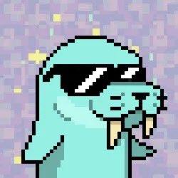 A pixel art illustration of a teal walrus wearing black sunglasses against a purple background with yellow stars.