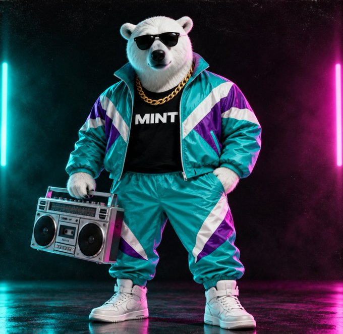 An AI-generated image of a polar bear wearing sunglasses, a gold chain, and a teal and purple tracksuit over a black 'MINT' t-shirt, holding a boombox against a dark background with neon lights.