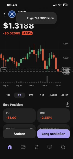 The image shows a phone screen displaying a stock chart with a downward trend, indicating a decrease in value over time. The text "XRP" can be seen at the top of the screen, suggesting that this might be related to Ripple Cryptocurrency. The phone is turned on and positioned towards the bottom right corner of the screen.