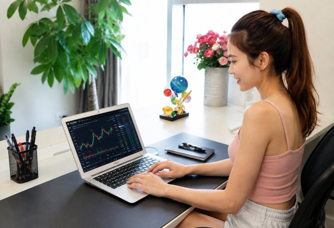 A young woman with a ponytail wearing a pink tank top sits at a desk working on a laptop displaying stock charts, surrounded by plants and pink flowers.