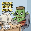 A cartoon character with a green plant head sits at a desk in front of a computer with "WORK WORK WORK" displayed on the wall.