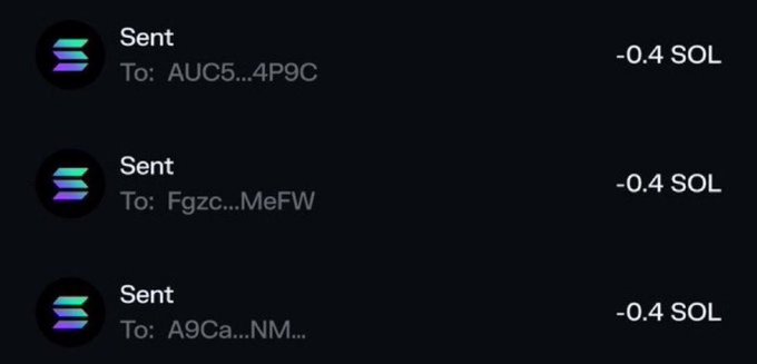 A screenshot of a crypto transaction history showing three completed "Sent" transfers of -0.4 SOL each to different recipients (AUC5...4P9C, Fgzc...MeFW, and A9Ca...NM...), aligning with the post claiming the author sent money to winners.