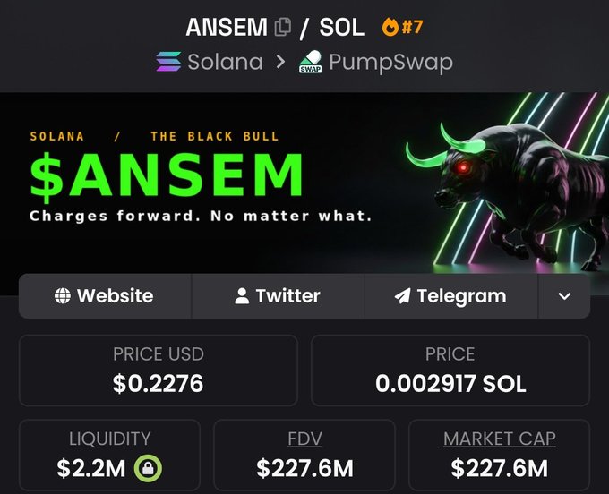 Cryptocurrency token page showing $ANSEM on Solana blockchain via PumpSwap with a black bull mascot, priced at $0.2276 USD / 0.002917 SOL and market cap of $227.6M.