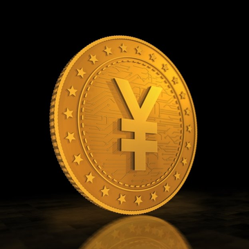 A gold coin featuring the Japanese yen (¥) symbol surrounded by stars sits on a dark reflective surface. The coin visually represents the yen-backed stablecoin JPYC, which Amazon's largest delivery partner in Japan will use to pay its drivers.