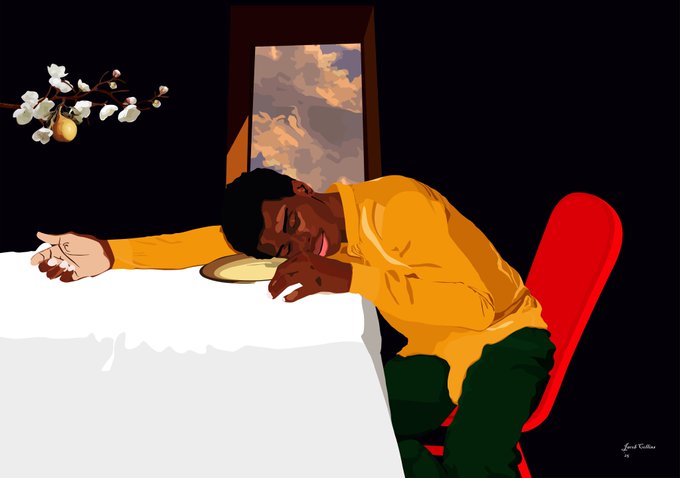 A digital illustration showing a man with dark skin and short black hair, wearing a yellow shirt and green pants, slumped over a white-clothed table and appearing to sleep or rest near an empty plate, with framed artwork and a flowering branch visible in the background.